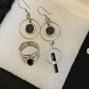 Vintage Gothic  Black Onyx Sterling Silver Earrings, Pendant and Ring Set